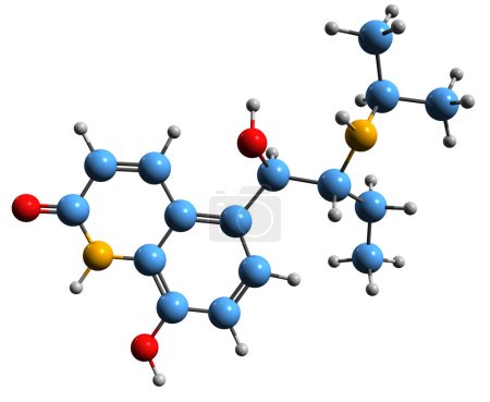 Foto de Imagen 3D de la fórmula esquelética de Procaterol - estructura química molecular del agonista adrenorreceptor beta2 aislado sobre fondo blanco - Imagen libre de derechos