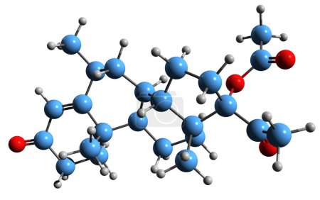 Foto de Imagen 3D de la fórmula esquelética de la progestina - estructura química molecular de la hormona sexual femenina aislada sobre fondo blanco - Imagen libre de derechos