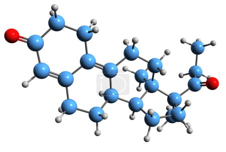 Téléchargez les photos : Image 3D de la formule squelettique Promegestone - structure chimique moléculaire du progestatif isolé sur fond blanc - en image libre de droit