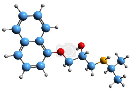 Téléchargez les photos : Image 3D de la formule squelettique de Propranolol - structure chimique moléculaire du bêta-bloquant isolé sur fond blanc - en image libre de droit