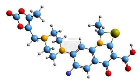 Téléchargez les photos : Image 3D de la formule squelettique de la Prulifloxacine - structure chimique moléculaire de l'antibiotique fluoroquinolone synthétique isolé sur fond blanc - en image libre de droit