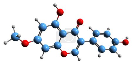 Foto de Imagen 3D de la fórmula esquelética de Prunetin - estructura química molecular de la isoflavona O-metilada aislada sobre fondo blanco - Imagen libre de derechos