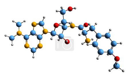 Foto de Imagen 3D de la fórmula esquelética de Puromicina - estructura química molecular del antibiótico aminonucleósido aislado sobre fondo blanco - Imagen libre de derechos
