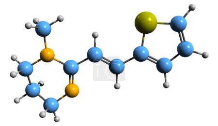 Foto de Imagen 3D de la fórmula esquelética de Pyrantel - estructura química molecular de la medicación antihelmíntica aislada sobre fondo blanco - Imagen libre de derechos