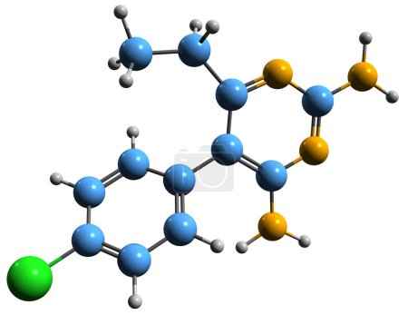 Foto de Imagen 3D de la fórmula esquelética de pirimetamina: estructura química molecular de la medicación antiparasitaria aislada sobre fondo blanco - Imagen libre de derechos