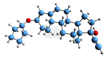 Téléchargez les photos : Image 3D de la formule squelettique de Quingestanol - structure chimique moléculaire de l'éther 3-cyclopentylique énolique de noréthistérone isolé sur fond blanc - en image libre de droit