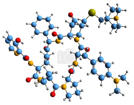 Téléchargez les photos : Image 3D de la formule squelettique de la quinupristine - structure chimique moléculaire de l'antibiotique streptogramine B isolé sur fond blanc - en image libre de droit