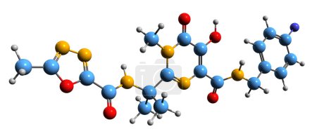 Téléchargez les photos : Image 3D de la formule squelettique du raltégravir - structure chimique moléculaire du médicament antirétroviral isolé sur fond blanc - en image libre de droit