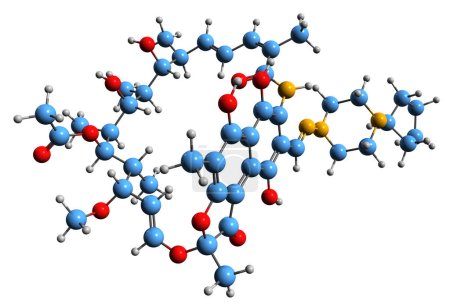 Foto de Imagen 3D de la fórmula esquelética de Rifapentine: estructura química molecular de la medicación antituberculosa aislada sobre fondo blanco - Imagen libre de derechos
