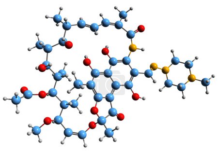 Foto de Imagen 3D de la fórmula esquelética de Rifampicina: estructura química molecular del antibiótico de ansamicina aislado sobre fondo blanco - Imagen libre de derechos