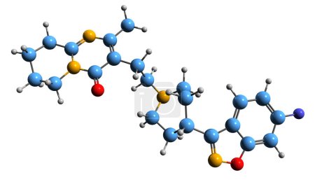 Téléchargez les photos : Image 3D de la formule squelettique de la rispéridone - structure chimique moléculaire d'un antipsychotique atypique isolé sur fond blanc - en image libre de droit