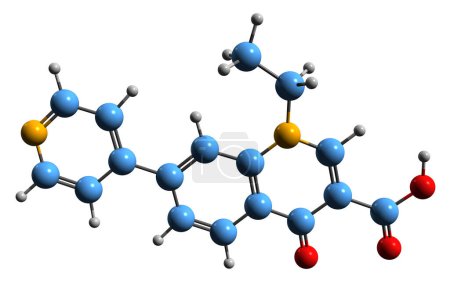 Foto de Imagen 3D de la fórmula esquelética de Rosoxacino: estructura química molecular del antibiótico de quinolona aislado sobre fondo blanco - Imagen libre de derechos