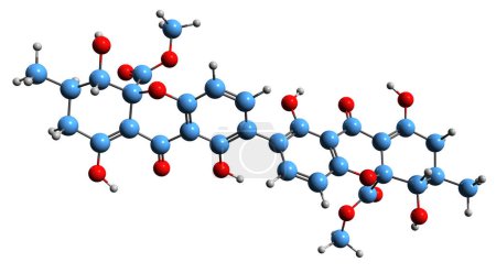 Foto de Imagen 3D del ácido secalónico Una fórmula esquelética - estructura química molecular de tetrahidroxantona aislada sobre fondo blanco - Imagen libre de derechos