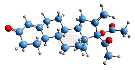 Téléchargez les photos : Image 3D de la formule squelettique de l'acétate de segesterone - structure chimique moléculaire du progestatif isolé sur fond blanc - en image libre de droit