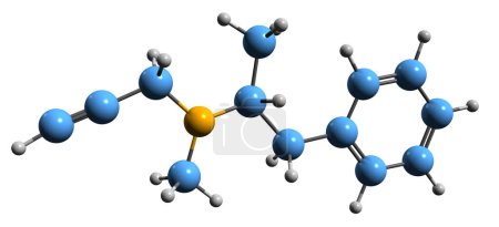Foto de Imagen 3D de la fórmula esquelética de Selegiline: estructura química molecular de la medicación para la enfermedad de Parkinson aislada sobre fondo blanco - Imagen libre de derechos