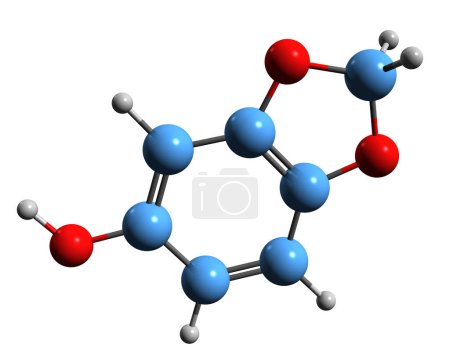 Foto de Imagen 3D de la fórmula esquelética de Sesamol - estructura química molecular de semillas de sésamo compuesto orgánico natural aislado sobre fondo blanco - Imagen libre de derechos