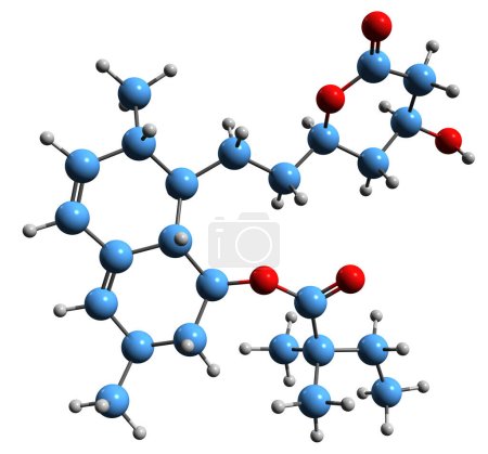 Foto de Imagen 3D de la fórmula esquelética de Simvastatina: estructura química molecular de la medicación hipolipemiante aislada sobre fondo blanco - Imagen libre de derechos
