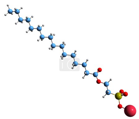 Téléchargez les photos : Image 3D de la formule squelettique du palmitoyl iséthionate de sodium - structure chimique moléculaire d'un tensioactif anionique doux isolé sur fond blanc - en image libre de droit
