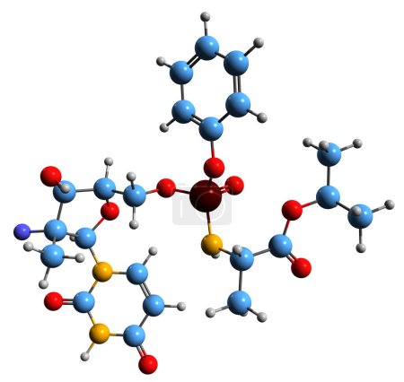Téléchargez les photos : Image 3D de la formule squelettique du sofosbuvir - structure chimique moléculaire du médicament contre l'hépatite C isolé sur fond blanc - en image libre de droit