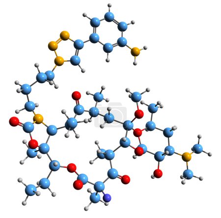 Téléchargez les photos : Image 3D de la formule squelettique Solithromycine - structure chimique moléculaire de l'antibiotique cétolide isolé sur fond blanc - en image libre de droit