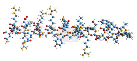  Imagen 3D de la fórmula esquelética de la hormona liberadora de somatotropina - estructura química molecular de la hormona peptídica SRH aislada sobre fondo blanco