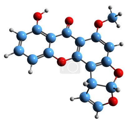 Foto de Imagen 3D de la fórmula esquelética de Sterigmatocystin - estructura química molecular de micotoxina poliétida aislada sobre fondo blanco - Imagen libre de derechos