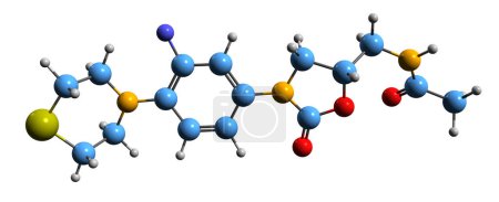 Téléchargez les photos : Image 3D de la formule squelettique de Sutezolid - structure chimique moléculaire de l'antibiotique XDR-TB oxazolidinone isolé sur fond blanc - en image libre de droit