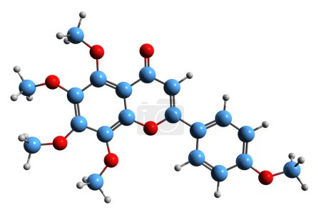 Foto de Imagen 3D de la fórmula esquelética de mandaretina: estructura química molecular de la flavona O-polimetoxilada aislada sobre fondo blanco - Imagen libre de derechos