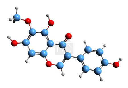 Foto de Imagen 3D de la fórmula esquelética de Tectorigenin - estructura química molecular de la isoflavona O-metilada aislada sobre fondo blanco - Imagen libre de derechos