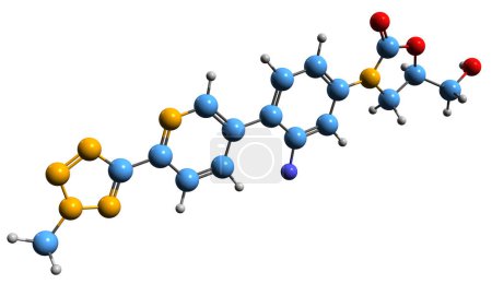 Téléchargez les photos : Image 3D de la formule squelettique de Tédizolide - structure chimique moléculaire d'un antibiotique de classe oxazolidinone isolé sur fond blanc - en image libre de droit