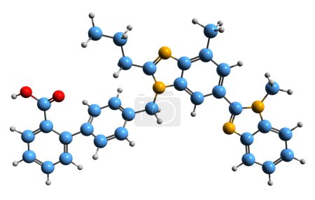 Foto de Imagen 3D de la fórmula esquelética de Telmisartán: estructura química molecular de la medicación para la presión arterial alta aislada sobre fondo blanco - Imagen libre de derechos