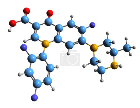Téléchargez les photos : Image 3D de la formule squelettique de la témafloxacine - structure chimique moléculaire de l'antibiotique fluoroquinolone isolé sur fond blanc - en image libre de droit