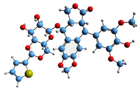 Téléchargez les photos : Image 3D de la formule squelettique Teniposide - structure chimique moléculaire du médicament chimiothérapeutique isolé sur fond blanc - en image libre de droit