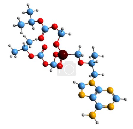 Foto de Imagen 3D de la fórmula esquelética de Tenofovir disoproxil: estructura química molecular de la medicación para la hepatitis B aislada sobre fondo blanco - Imagen libre de derechos