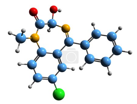 Téléchargez les photos : Image 3D de la formule squelettique de Temazepam - structure chimique moléculaire du médicament de classe benzodiazépine isolé sur fond blanc - en image libre de droit