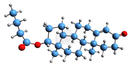 Foto de Imagen 3D de la fórmula esquelética del butirato de la testosterona - estructura química molecular del andrógeno esteroide sintético aislado sobre fondo blanco - Imagen libre de derechos