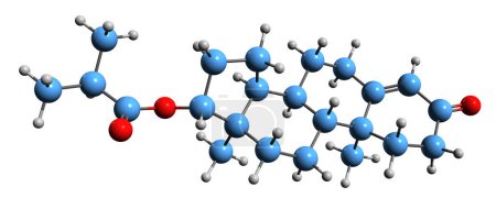 Foto de Imagen 3D de la fórmula esquelética del isobutirato de la testosterona - estructura química molecular de la medicación del andrógeno y del esteroide anabólico aislada en el fondo blanco - Imagen libre de derechos