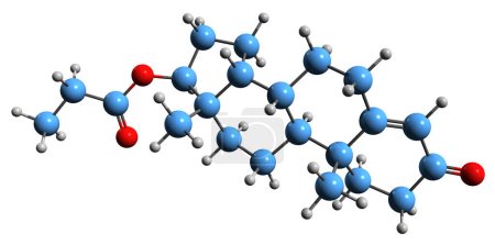 Foto de Imagen 3D de la fórmula esquelética del propionato de la testosterona estructura química molecular del andrógeno y del esteroide anabólico aislados en el fondo blanco - Imagen libre de derechos