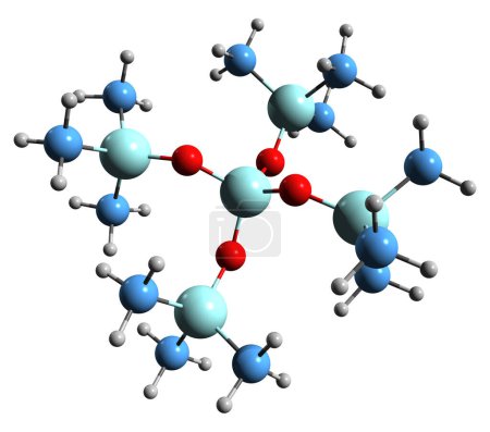 Téléchargez les photos : Image 3D de la formule squelettique tétrakistriméthylsilyloxysilane - structure chimique moléculaire du composé organosilicium TTMS isolé sur fond blanc - en image libre de droit