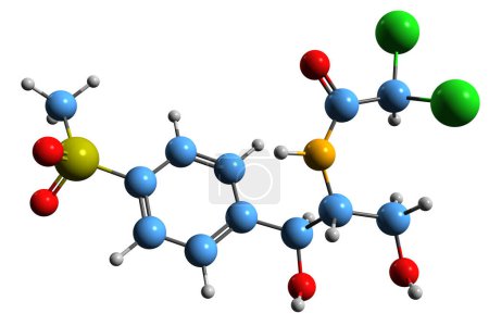 Téléchargez les photos : Image 3D de la formule squelettique du thiamphénicol - structure chimique moléculaire du dextrosulphénidol antibiotique isolé sur fond blanc - en image libre de droit