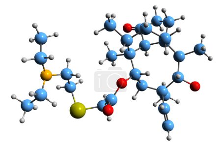 Foto de Imagen 3D de la fórmula esquelética de Tiamulina: estructura química molecular del antibiótico de pleuromutilina aislado sobre fondo blanco - Imagen libre de derechos