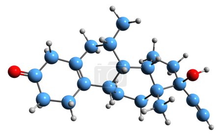 Téléchargez les photos : Image 3D de la formule squelettique de Tibolone - structure chimique moléculaire du médicament d'hormonothérapie ménopausique isolé sur fond blanc - en image libre de droit