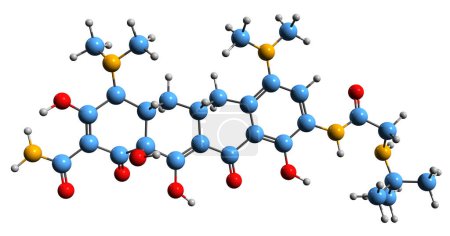 Foto de Imagen 3D de la fórmula esquelética de Tigecycline: estructura química molecular de la medicación antibiótica con tetraciclina aislada sobre fondo blanco - Imagen libre de derechos