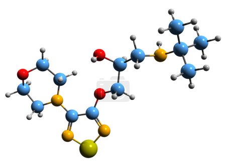 Foto de Imagen 3D de la fórmula esquelética de Timolol: estructura química molecular de la medicación betabloqueante aislada sobre fondo blanco - Imagen libre de derechos