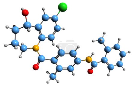 Foto de Imagen 3D de la fórmula esquelética de Tolvaptán - estructura química molecular de la droga acuarética aislada sobre fondo blanco - Imagen libre de derechos