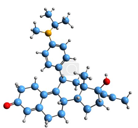 Téléchargez les photos : Image 3D de la formule squelettique de la Toripristone - structure chimique moléculaire d'un antiglucocorticoïde stéroïdien synthétique isolé sur fond blanc - en image libre de droit