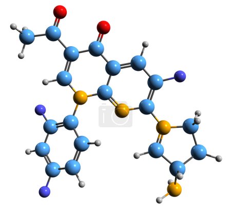 Téléchargez les photos : Image 3D de la formule squelettique de la tosufloxacine - structure chimique moléculaire de l'antibiotique fluoroquinolone isolé sur fond blanc - en image libre de droit