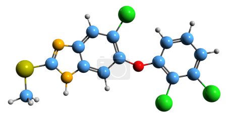 Foto de Imagen 3D de la fórmula esquelética de triclabendazol: estructura química molecular de la medicación para la paragonimiasis aislada sobre fondo blanco - Imagen libre de derechos