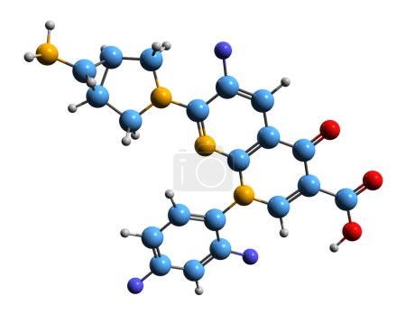 Téléchargez les photos : Image 3D de la formule squelettique de Trovafloxacine - structure chimique moléculaire d'un antibiotique à large spectre isolé sur fond blanc - en image libre de droit