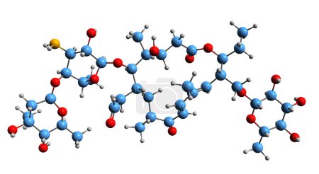 Foto de Imagen 3D de la fórmula esquelética de Tylosin: estructura química molecular del antibiótico macrólido 713 aislado sobre fondo blanco - Imagen libre de derechos